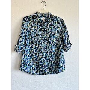 Kim Rogers Women's Blue Dots Linen Button Down Blouse Roll Tab Sleeve Large